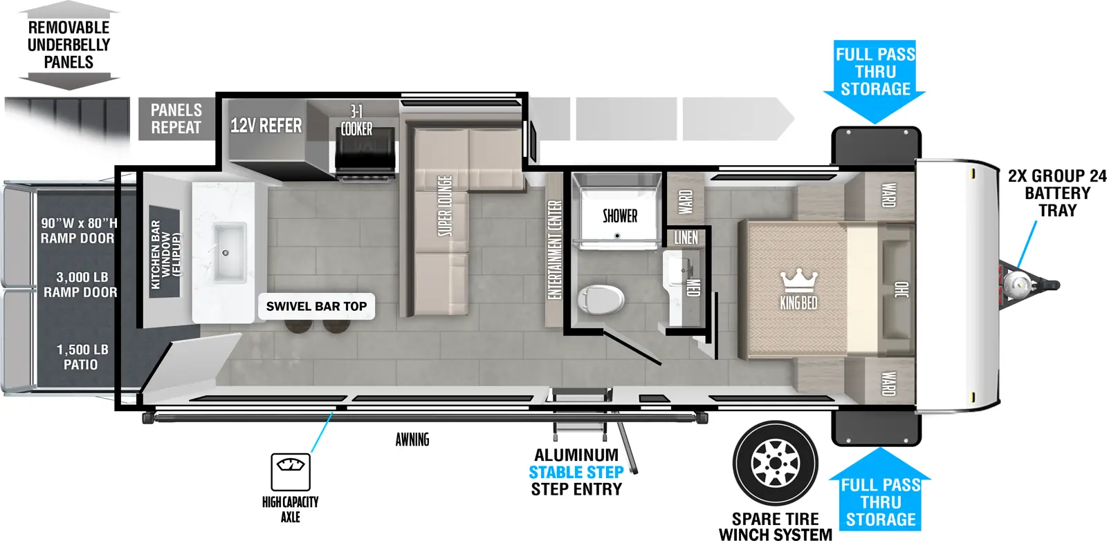 The Wildwood FSX 269VC floorplan is a toy hauler that has one entry and one slide out. Exterior features include: metal exterior. Interiors features include: front bedroom.